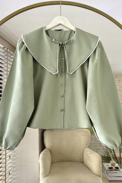 Yakası İncili Bluz Çağla Yeşili