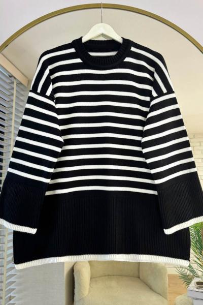 Yırtmaçlı Çizgili Kazak Siyah