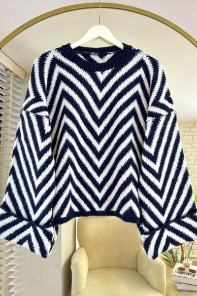 Zikzak Desenli Kazak Lacivert - Beyaz