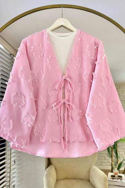 Püsküllü Keten Kimono Pembe