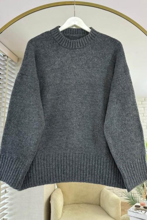 Oversize Bisiklet Yaka Kazak Antrasit