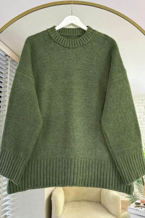 Oversize Bisiklet Yaka Kazak Haki