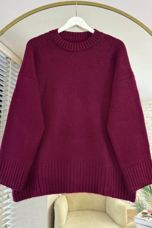 Oversize Bisiklet Yaka Kazak Bordo