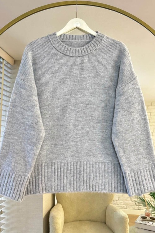 Oversize Bisiklet Yaka Kazak Gri