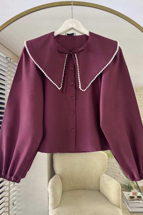 Yakası İncili Bluz Bordo