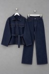 Gizli Düğmeli Kuşaklı Denim Takım Koyu Lacivert