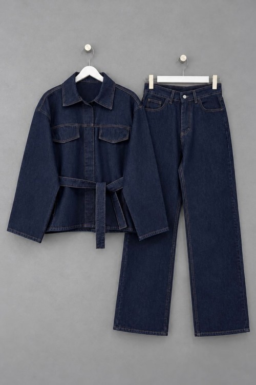 Gizli Düğmeli Kuşaklı Denim Takım Koyu Lacivert