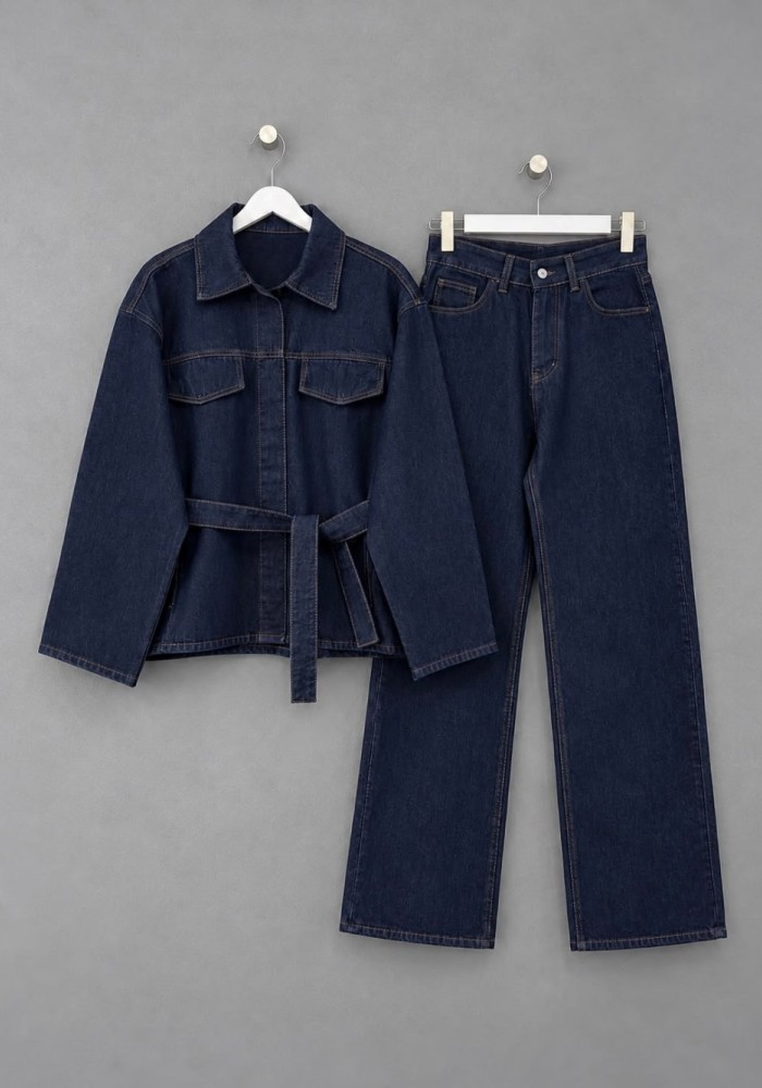 Gizli Düğmeli Kuşaklı Denim Takım Koyu Lacivert