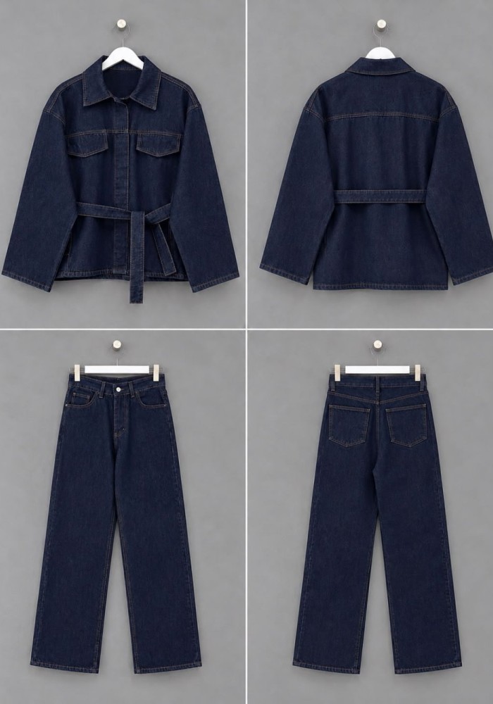Gizli Düğmeli Kuşaklı Denim Takım Koyu Lacivert
