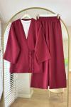 Bağlamalı Keten Kimono Takım Bordo