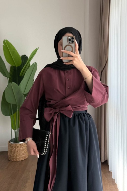 Kuşaklı Tasarım Gömlek Bordo