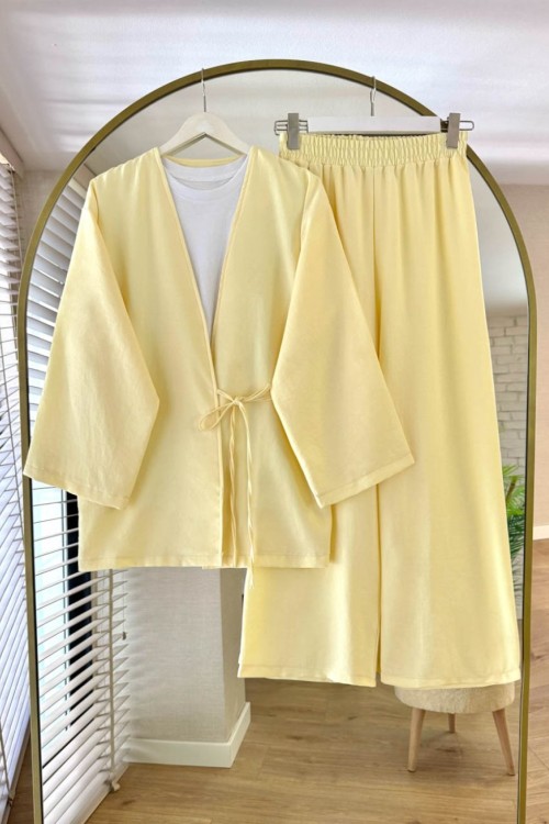Bağlamalı Keten Kimono Takım Sarı