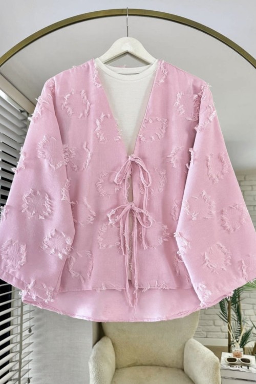 Püsküllü Keten Kimono Pembe