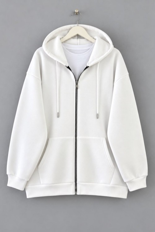 Oversize Fermuarlı Hırka Beyaz