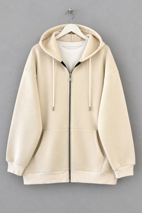 Oversize Fermuarlı Hırka Krem