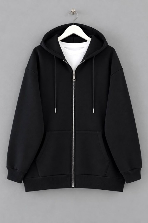 Oversize Fermuarlı Hırka Siyah