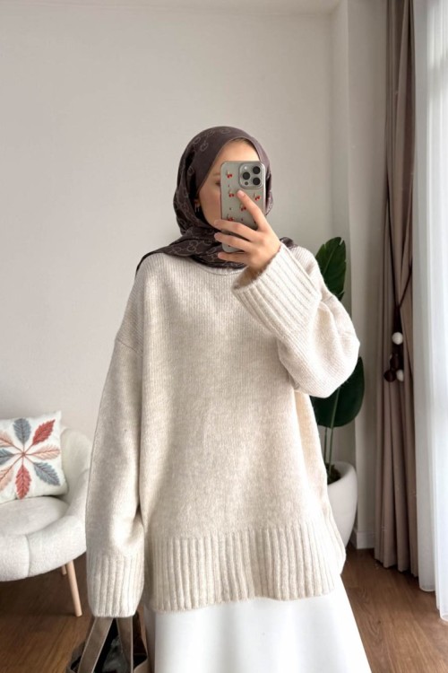 Oversize Bisiklet Yaka Kazak Taş