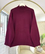 Dik Yaka Yırtmaçlı Oversize Kazak Bordo