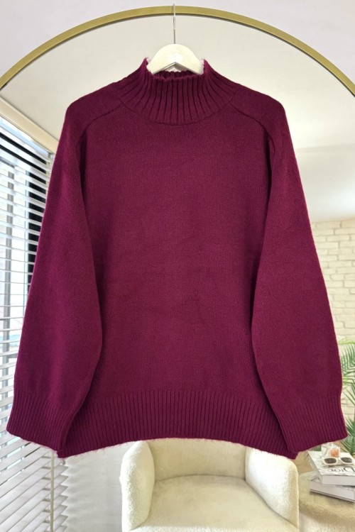 Dik Yaka Yırtmaçlı Oversize Kazak Bordo