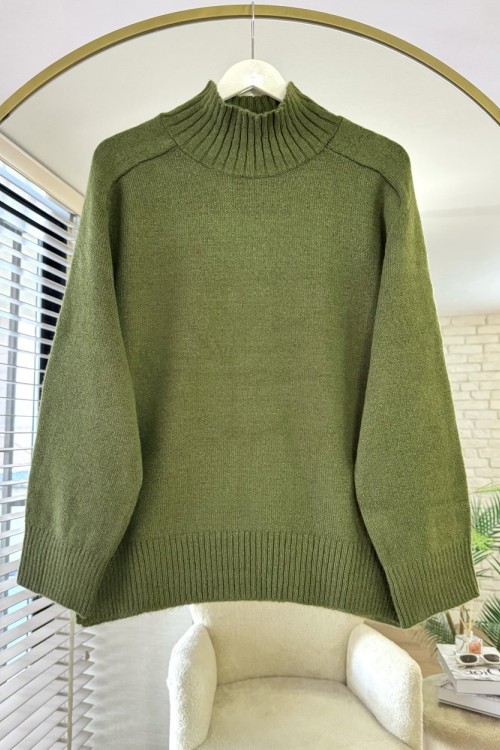 Dik Yaka Yırtmaçlı Oversize Kazak Haki