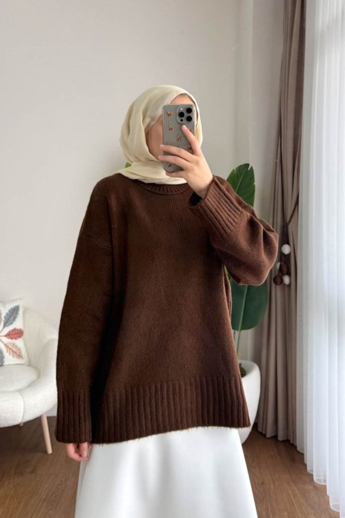 Oversize Bisiklet Yaka Kazak Kahverengi