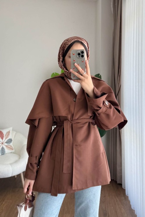 Pelerin Detaylı Ara Boy Trençkot Acı Kahve