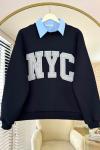 NYC Nakışlı Yakalı Üç İplik Sweatshirt Koyu Lacivert