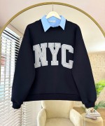 NYC Nakışlı Yakalı Üç İplik Sweatshirt Koyu Lacivert