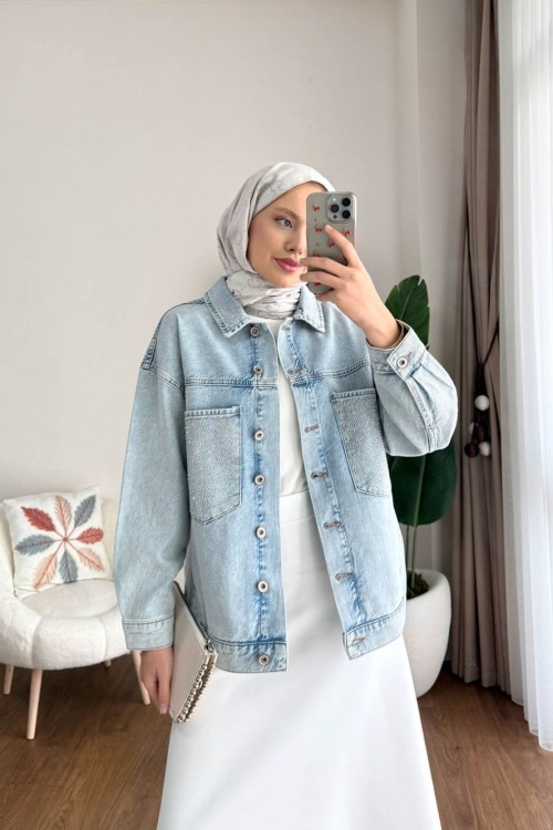 Taş Detaylı Oversize Kot Ceket Kar Yıkama Mavi