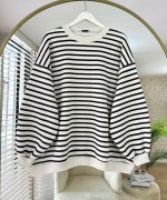 Çizgili Oversize Sweatshirt Koyu Kahverengi