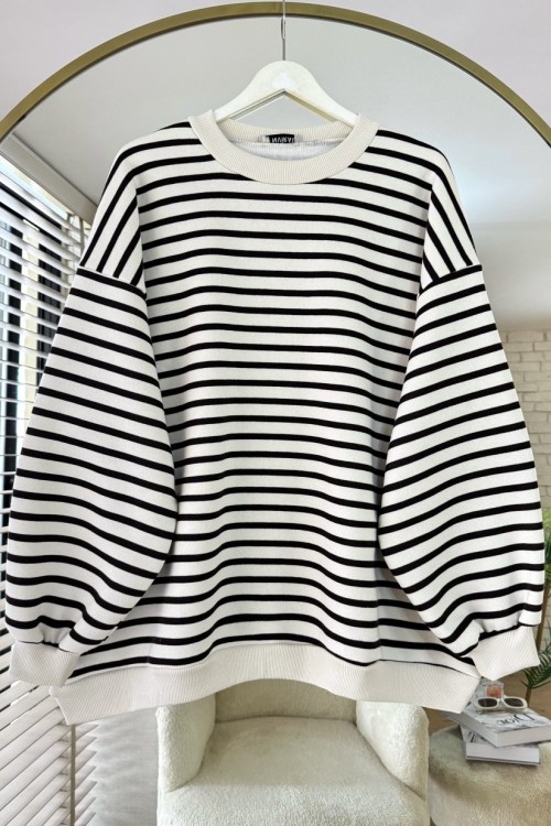 Çizgili Oversize Sweatshirt Koyu Kahverengi