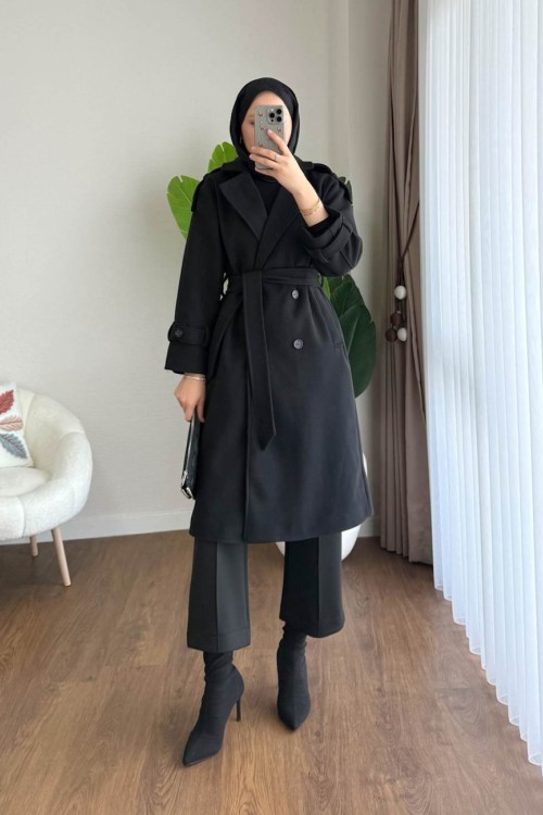 Apoletli Kaşe Kaban Siyah