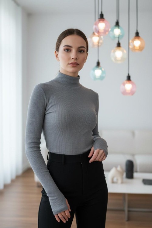 Balıkçı Yaka Parmak Geçmeli Body Gri