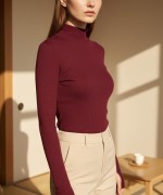 Balıkçı Yaka Parmak Geçmeli Body Bordo