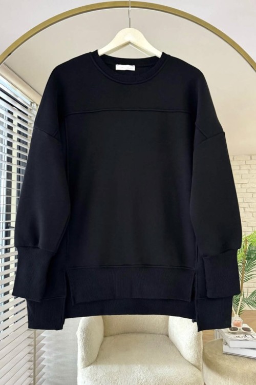 Önü Yırtmaçlı Parçalı Sweatshirt Siyah