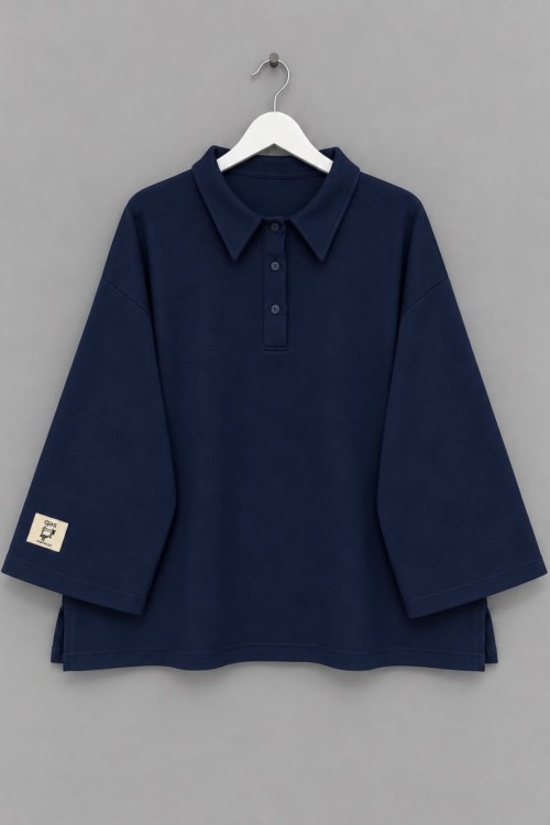 Polo Yaka Üç İplik Sweatshirt Lacivert