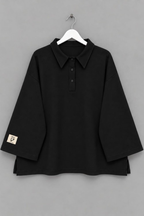 Polo Yaka Üç İplik Sweatshirt Siyah
