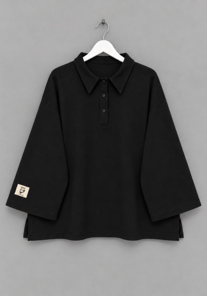 Polo Yaka Üç İplik Sweatshirt Siyah