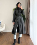 Tek Düğmeli Uzun Deri Trençkot Siyah