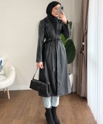 Tek Düğmeli Uzun Deri Trençkot Siyah