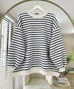 Çizgili Oversize Sweatshirt Siyah