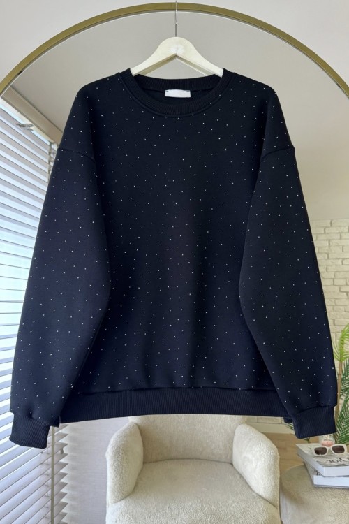 Taş Baskılı Oversize Sweatshirt Siyah