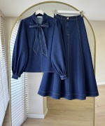 Yaka Bağcıklı Denim Takım Lacivert