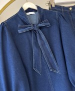 Yaka Bağcıklı Denim Takım Lacivert
