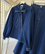 Yaka Bağcıklı Denim Takım Lacivert
