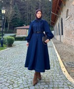 Yaka Bağcıklı Denim Takım Lacivert