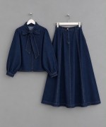 Yakası Bağcıklı Denim Takım Lacivert