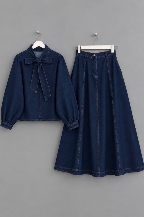 Yakası Bağcıklı Denim Takım Lacivert