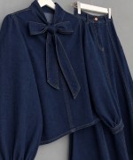 Yakası Bağcıklı Denim Takım Lacivert