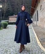Yakası Bağcıklı Denim Takım Lacivert